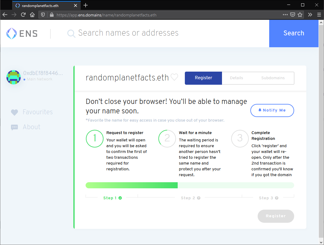 Waiting for registration confirmation screen in ENS.